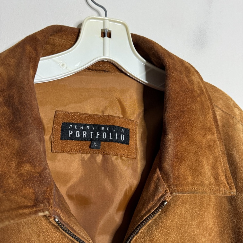 Perry Ellis Portfolio Jacket Mens XL Brown Solid Suede Leather Full Zip Coat - Picture 2 of 7